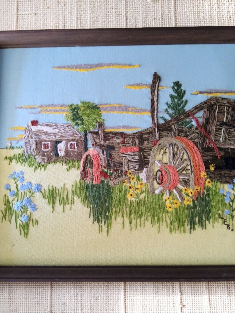 Vintage 1977 Signed Framed Henning Hand-stitched Crewelwork Abandoned Covered Wa